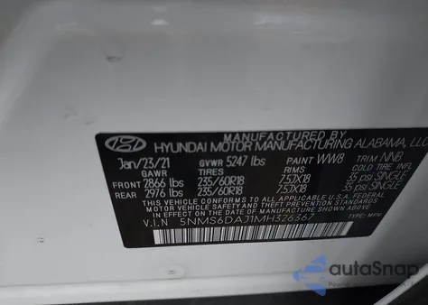 2021 Hyundai Santa Fe Sel из США, поврежденный, VIN 5NMS6DAJ1MH326367